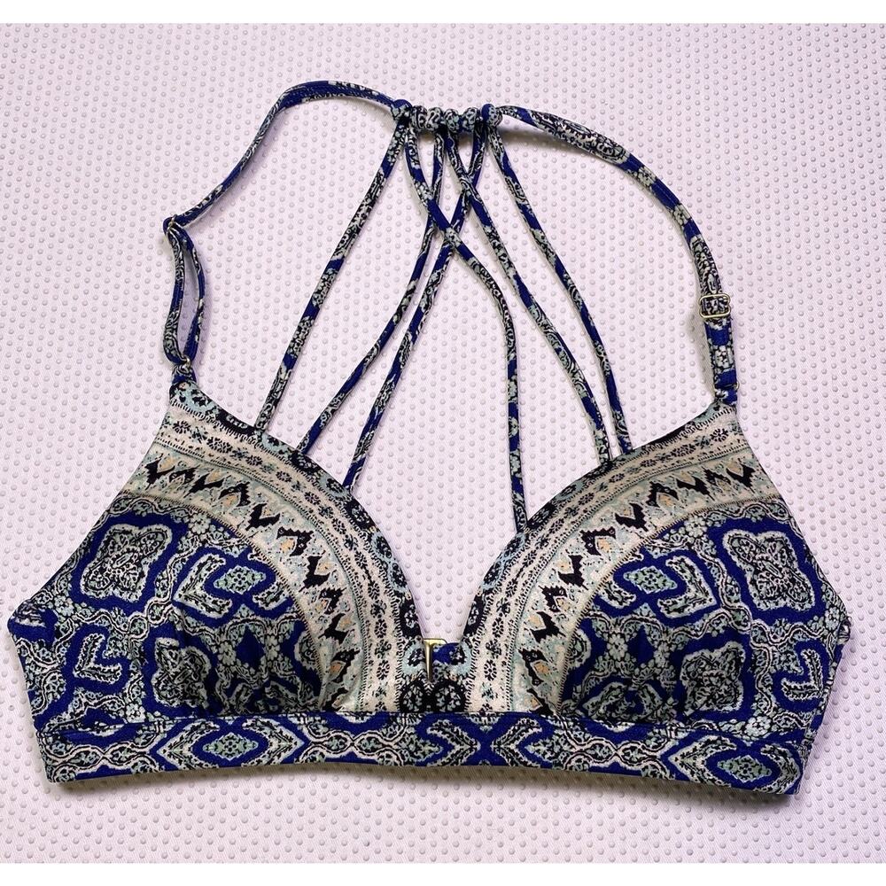 Athleta XXS black aqualuxe strappy racerback molded Blue paisley cups bikini top